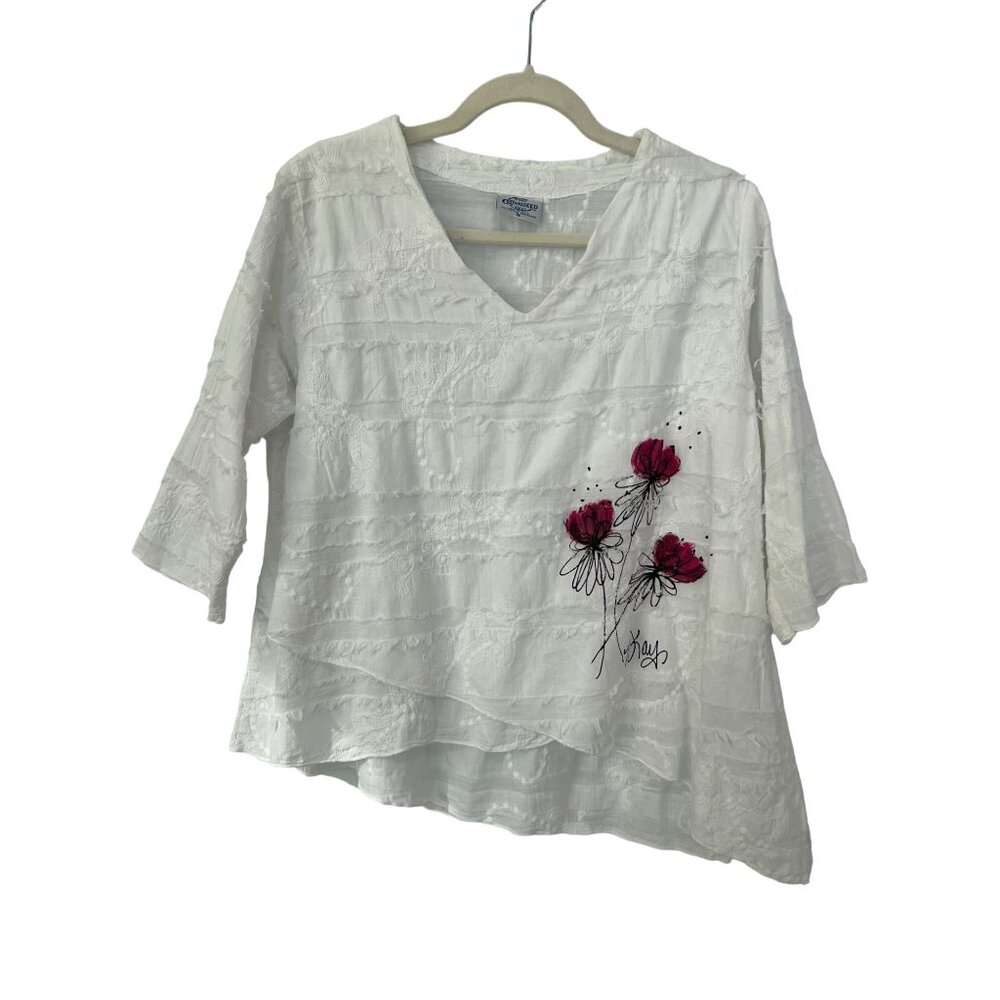 Cottonseed Casual Wear Hand Painted Top Women Small White Artsy Floral Lagenlook